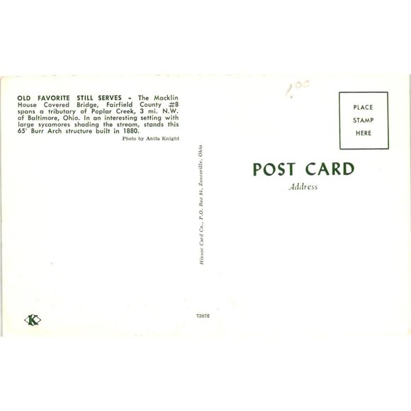 The Macklin House Covered Bridge Postcard Fairfield County Baltimore Ohio Vintag - Picture 2 of 2